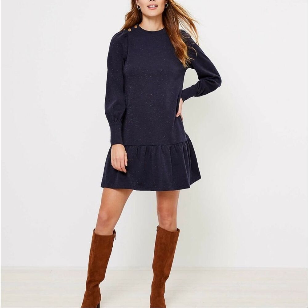 LOFT cotton Jersey Drop Waist Peplum Tunic Dress navy metallic shimmer sz S NWT